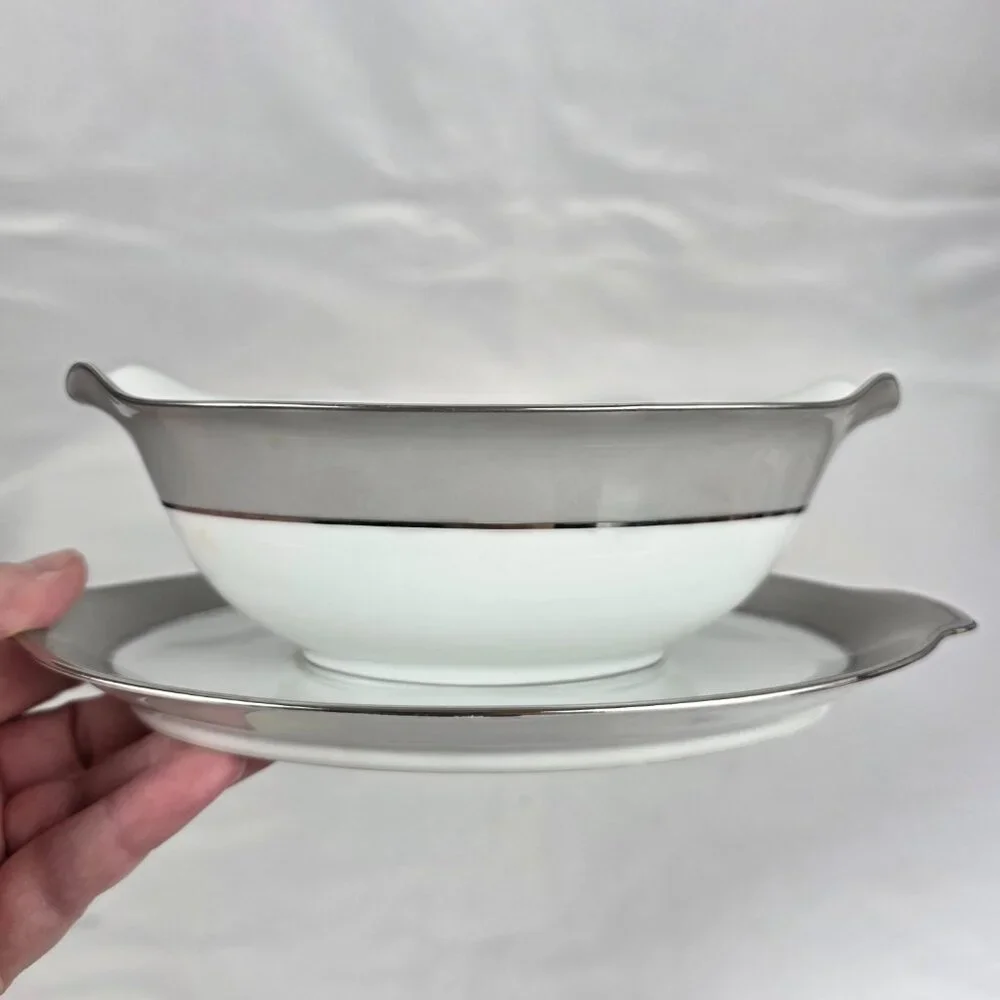 Sango Plantina Gravy Boat with Underplate Gray Band Platinum Trim
